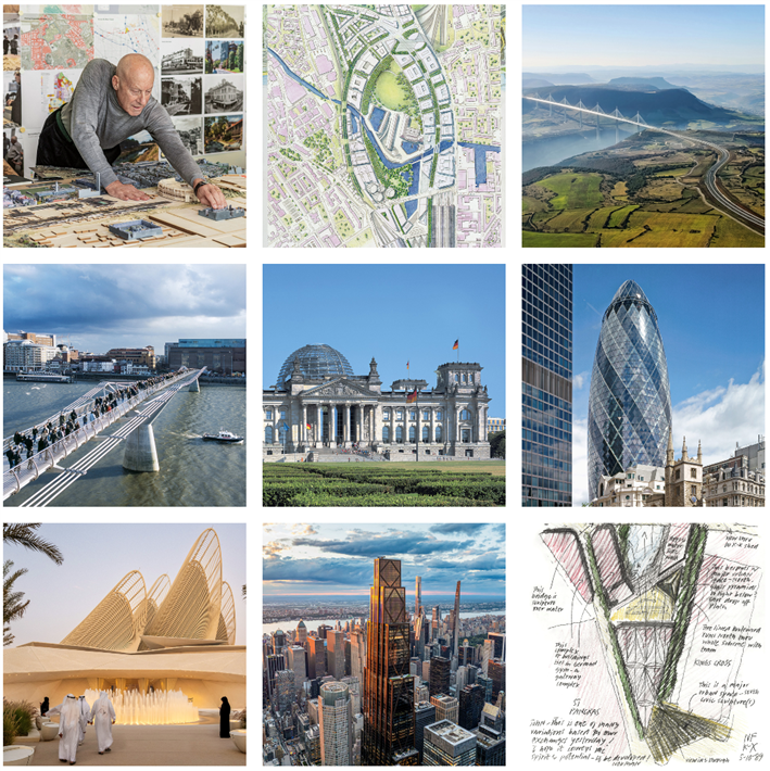 Werke von Norman Foster, u.a.: © Das Berliner Reichstagsgebäude, das Millau-Viadukt in Frankreich, The Gherkin in London, das Zayed National Museum in Abu Dhabi.