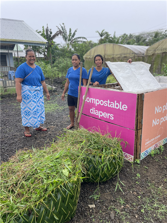 Aimed at eliminating plastic pollution, The Greater Good Diaper Project safely converts used diapers into nutrient-rich soil, while simultaneously generating employment for rural women in communities like S?moa. &copy; The Greater Good