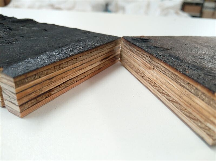 Querschnitt eines aus Brandenburger Kiefer hergestellten Furnierschichtholzes, das einem Single-Burning-Item-Test unterzogen wurde, um die Brandeigenschaften zu charakterisieren. &copy; Fraunhofer WKI