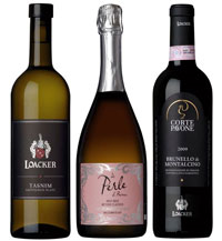 Gold: Inhalt eine Flasche Spumante 2011, eine Flasche Tasnim Sauvignon Blanc 2012 und eine Flasche Brunello di Montalcino 2009. Preis inkl. Transport in Deutschland: 85 Euro