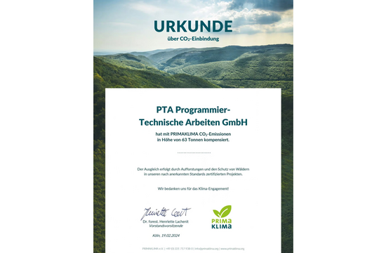 PTA IT-Beratung erhält Siegel „Klimaneutral durch Kompensation“ von PRIMAKLIMA